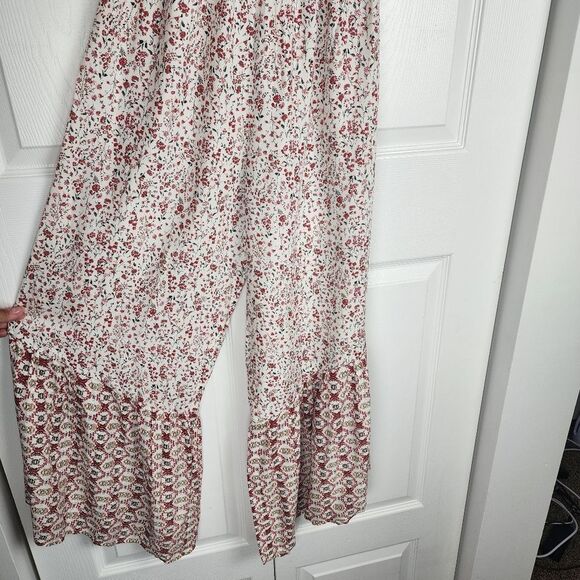 Japna Strapless Wide Leg Jumpsuit Ruffles Cream Red Floral Flare Smocked Size S - Picture 12 of 13